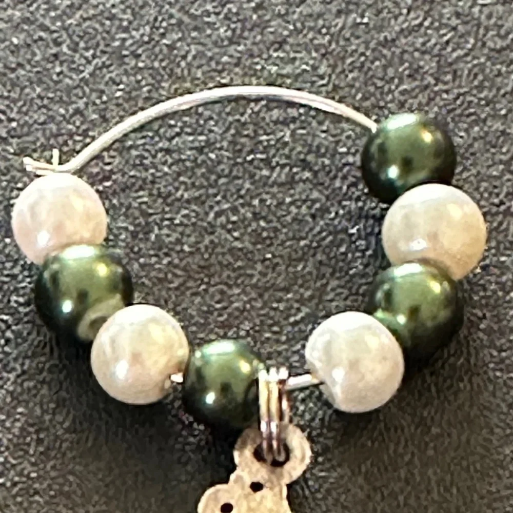 Wine glass tag stainless steel hoop Green/white beads Masquerade mask charm